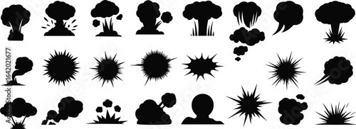 Explosion and smoke cloud vector silhouettes, starbursts and comic book effects for powerful and destructive themes, isolated collection