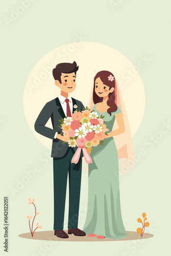 Happy bride and groom holding bouquet on a light background
