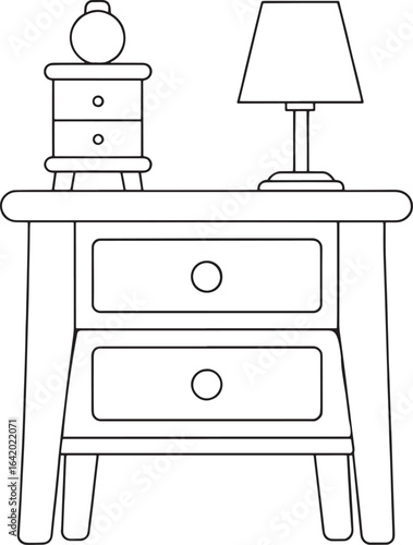 Adorable bedside table with drawers and lamp, perfect for kids' room decor, simple line art illustration