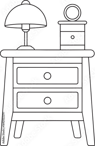 Charming nightstand with lamp and box for coloring book illustrations and children's activity sheets