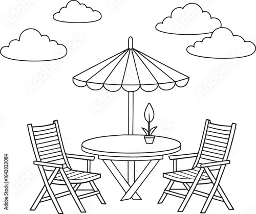 Create your own outdoor oasis coloring page with table, chairs and parasol for summer fun and relaxation