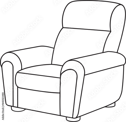 Relaxing recliner chair line art for coloring books or interior decorating projects, simple and clean design
