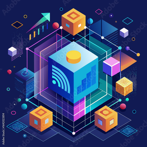 Abstract isometric digital network and data visualization with cubes and grids
