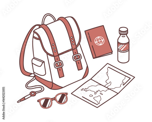 Travel essentials flat lay illustration with backpack passport map and other accessories vacation planning and adventure concept