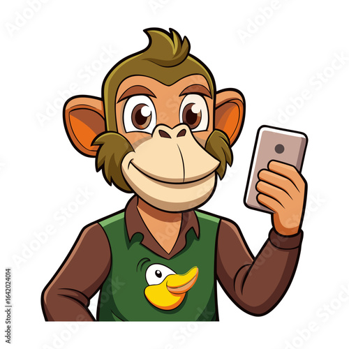 Playful Cartoon Monkey Taking Duck Face Selfie with Smartphone – Funny Animal Vector Illustration for Social Media and Digital Designs