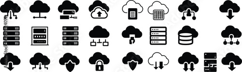 Cloud, computing, network, data, security, server, storage, infrastructure, management, upload, download, service, technology, digital, solution, connection, vector, icons, set, collection