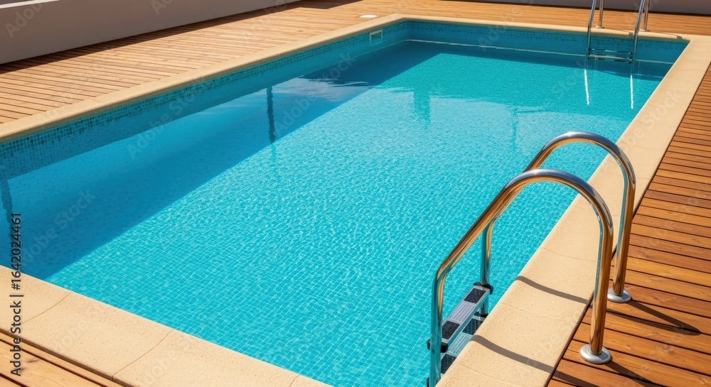 Obraz premium Swimming Pool with Clear Blue Water and Wooden Decking on a Sunny Day