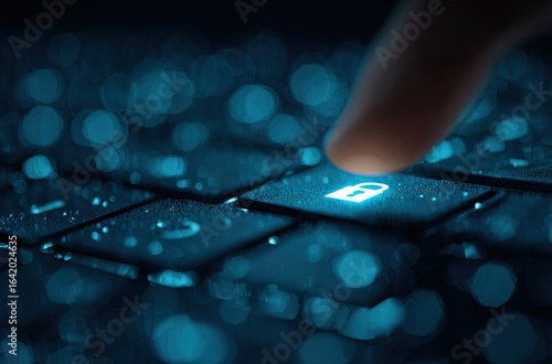 Close-up of a finger pressing a glowing lock key on a laptop keyboard in a dark, blurred background