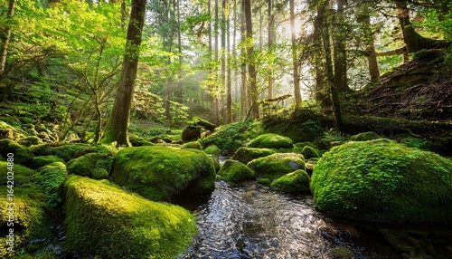 moss covered rocks and lush greenery create a serene landscape in a quiet forest during late spring