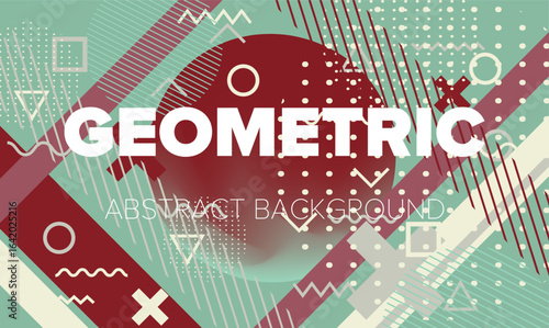 Abstract geometric background with a pattern of bold, colorful shapes and symbols. Perfect for presentation design.