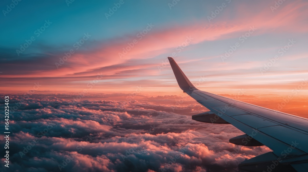 Obraz premium Aerial View of Airplane Wing Flying Above the Clouds at Sunset with Beautiful Light