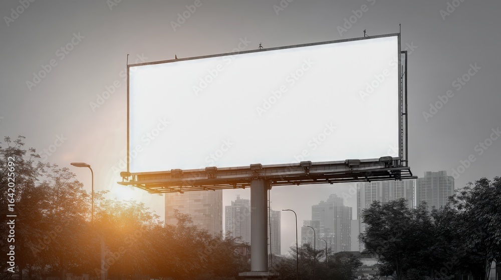 Fototapeta premium Blank Billboard Against Cityscape with Sun Flare, Ideal for Advertising Mockups and Outdoor Campaigns
