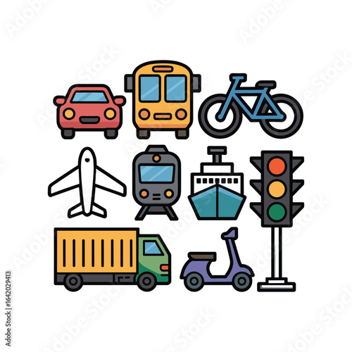 Collection of various modes of transportation and traffic signals