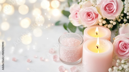 Pink roses, candles, and bath salts create a peaceful spa experience.