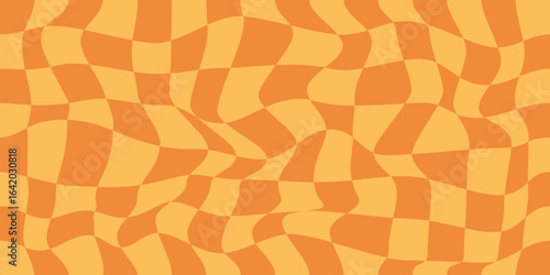 Abstract distorted and twisted orange checkered background.