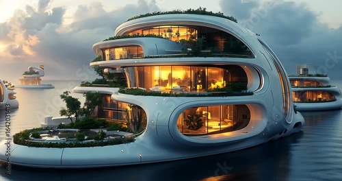 Futuristic eco-friendly floating houses at sunset. Luxurious ocean view vacation.
