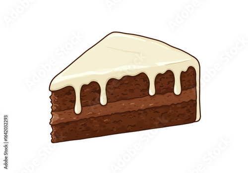 Delicious Chocolate Cake Slice with Creamy White Frosting Drips.