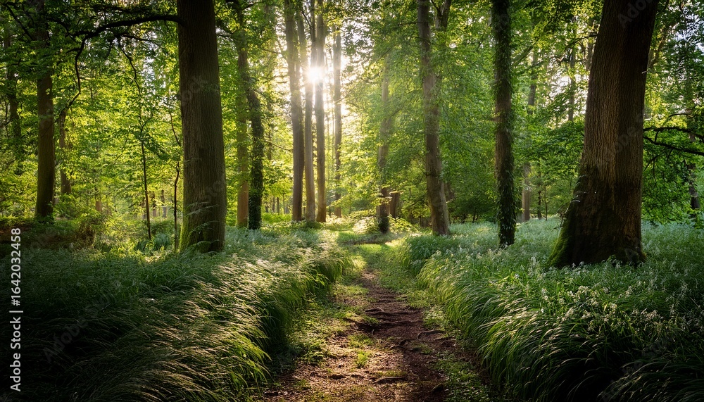 Naklejka premium sunlight streams through a dense forest of tall trees and lush green foliage along a small grassy path creating a peaceful scene