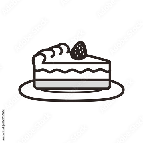 Strawberry Cake Delight: An artistic illustration presents a delicious slice of strawberry cake, nestled on a plate. Evoking a sense of sweetness and indulgence, perfect for dessert themes.