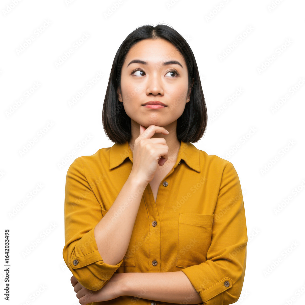Thoughtful young asian woman pondering a decision with hand on chin isolated on transparent background Thoughtful young asian woman pondering a decision with hand on chin isolated on transparent background