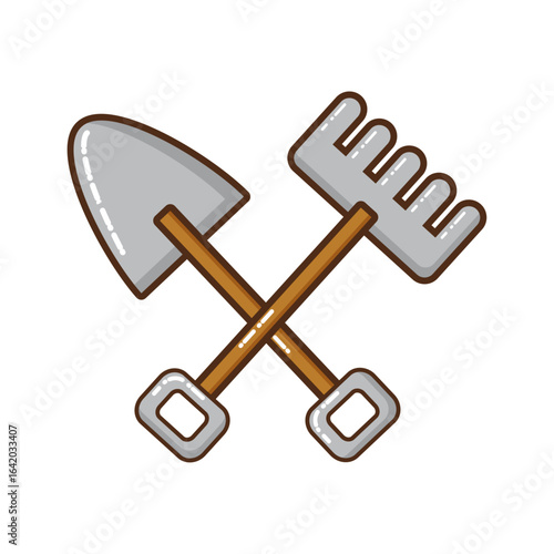 Garden Tools in Close-up: A detailed illustration showcasing a crossed shovel and rake, emblems of gardening, symbolizing the art of cultivation.