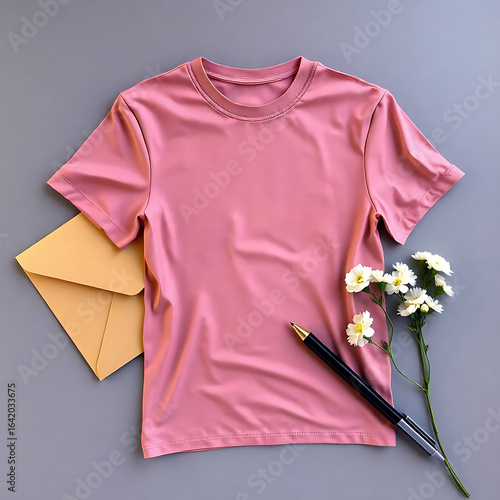 A pink tshirt is elegantly displayed next to a cream envelope, a pen, and delicate white flowers, creating a stylish and inviting flat lay composition