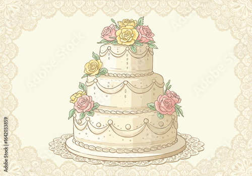 Elegant Three-Tiered Wedding Cake with Floral Decorations.