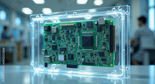 Computer motherboard sealed inside transparent clean protective acrylic box