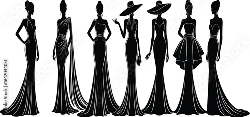 Elegant dress silhouettes, fashion illustration, formal gown styles, female figure poses, vintage outfits, stylish accessories, long dresses, design inspiration, runway concept, artistic fashion