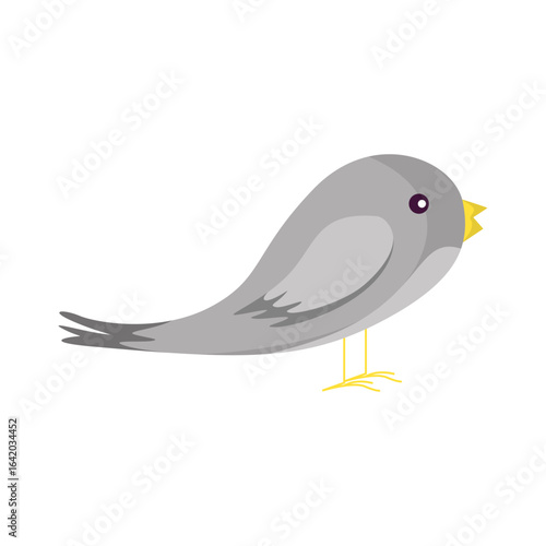 Gray Bird Illustration: A charming and simply drawn gray bird with an inquisitive expression, its yellow beak open as if chirping. It stands gracefully, a cute and friendly creature.