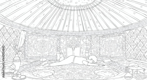 Relaxing in a Traditional Yurt A Detailed Line Art Illustration