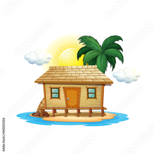 Tropical Paradise: A charming wooden house stands on a small island under the radiant sun and swaying palm trees, evoking the essence of a dream vacation.