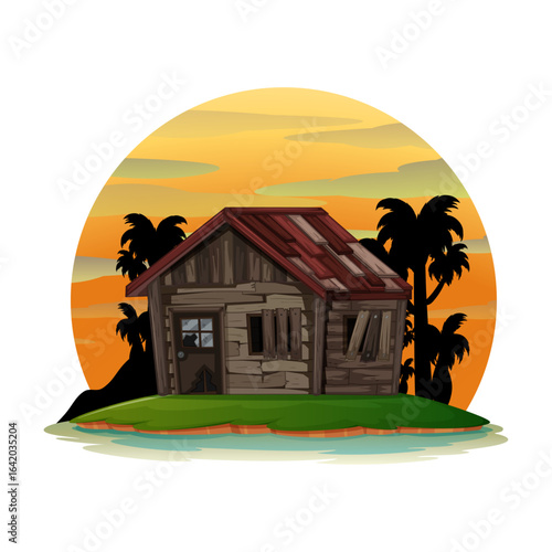 Tropical Cabin at Sunset: An isolated cabin on a tropical island, framed against a vibrant sunset, epitomizes peace and seclusion. It evokes tranquility.
