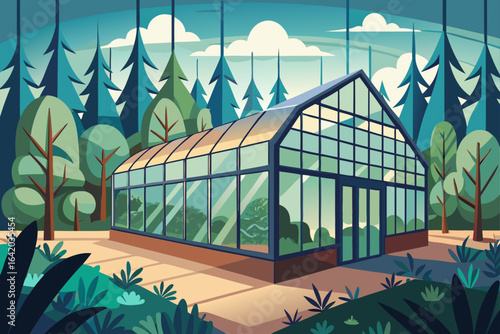 Clean Vector Illustration Greenhouse With Forest Interior