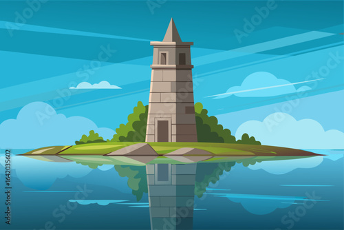 Clean Vector Illustration Stone Tower With Calm Water
