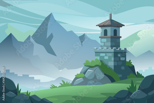 Clean Vector Illustration Stone Tower With Misty Mountains