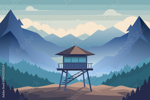 Clean Vector Illustration Watchtower With Misty Morning