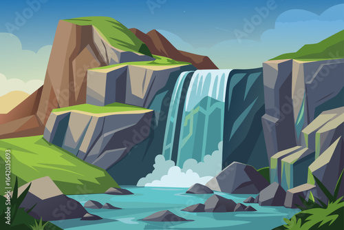 Clean Vector Illustration Waterfall With Rocky Terrain