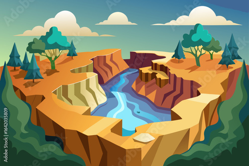 Cut Paper Style Gorge Background With Abstract Terrain