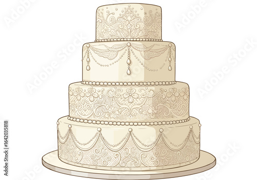 Elegant Four-Tiered Wedding Cake with Intricate Pearl and Lace Detailing.