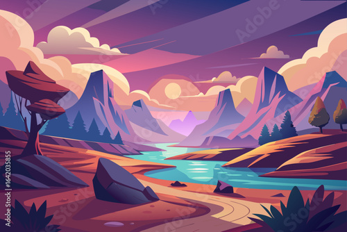 Dreamy Vector Valley Background With Layered Shadows