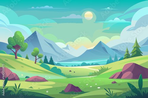 Dreamy Vector Meadow Background With Abstract Terrain