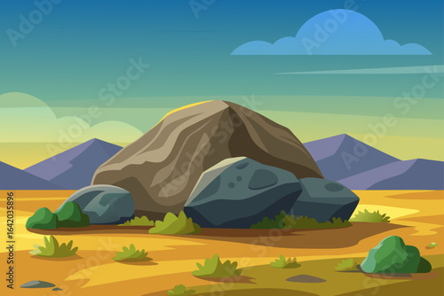 Flat Realistic Vector Style Boulder With Distant Hills