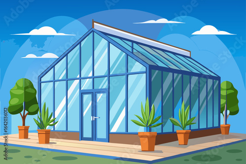 Flat Realistic Vector Style Greenhouse With Clear Sky