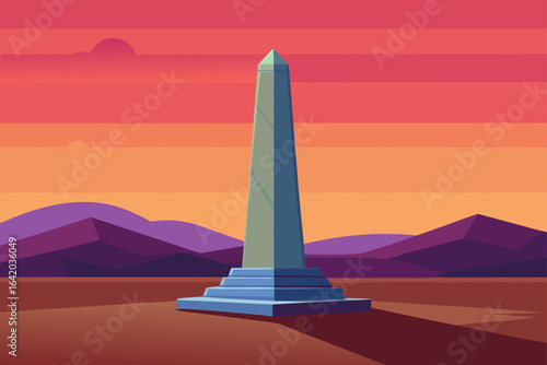 Flat Realistic Vector Style Obelisk With Distant Hills