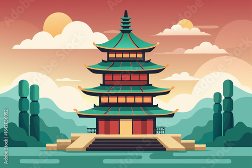Flat Realistic Vector Style Pagoda With Cloudy Horizon