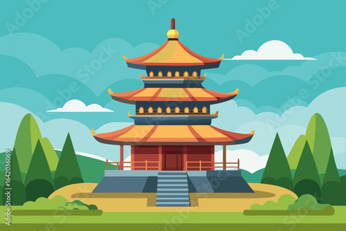Flat Realistic Vector Style Pagoda With Grassy Field