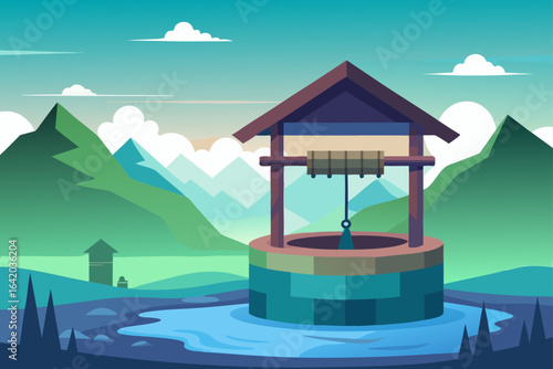 Flat Realistic Vector Style Water Well With Misty Morning