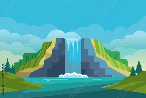 Flat Realistic Vector Style Waterfall With Gentle Hills
