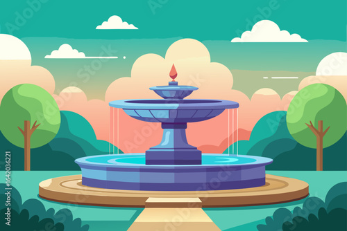 Flat Realistic Vector Style Water Fountain With Clear Water